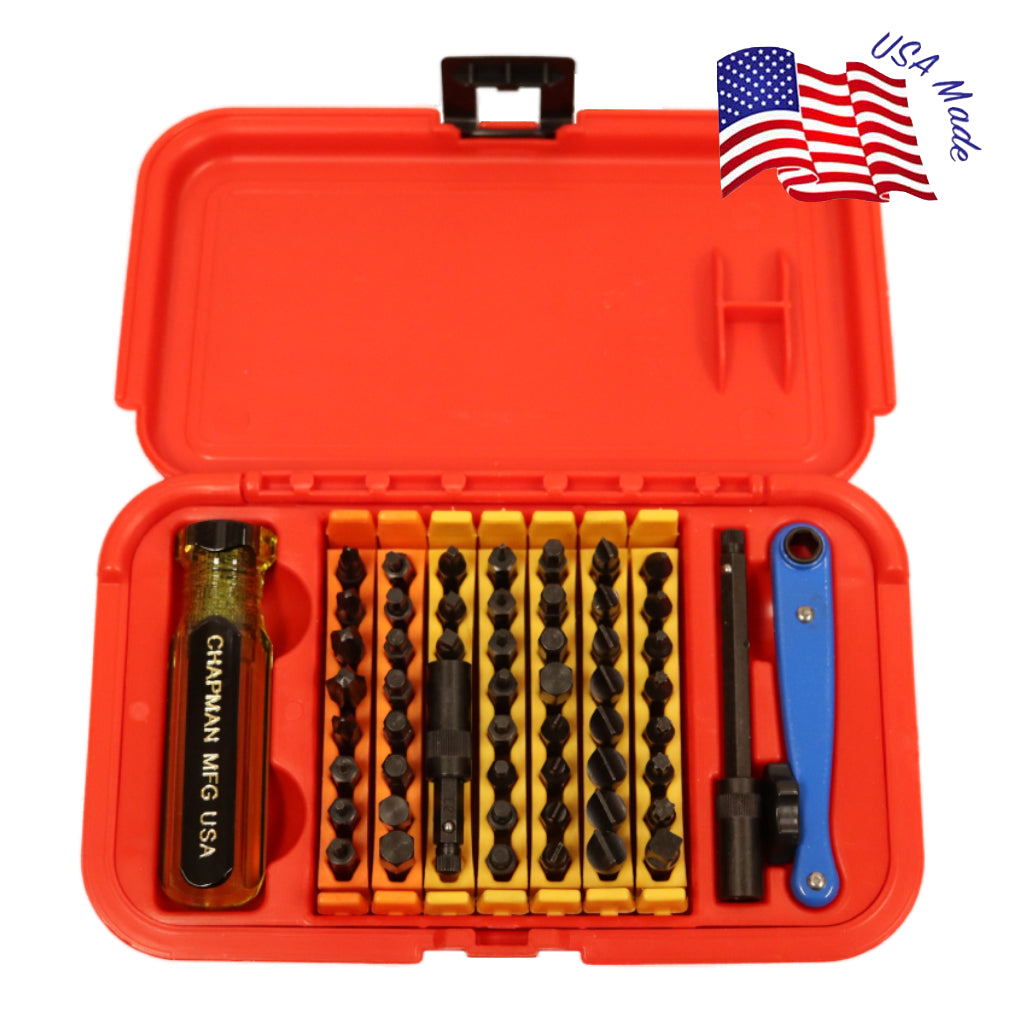 5575 Master Screwdriver Set comes with Slotted, Phillips, Metric and SAE Hex Bits, and Star bits which fit Torx screws - Red case | Chapman MFG 