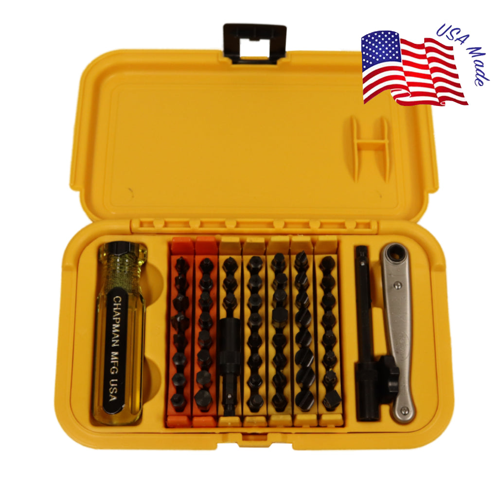 5575 Master Screwdriver Set comes with Slotted, Phillips, Metric and SAE Hex Bits, and Star bits which fit Torx screws - Yellow case | Chapman MFG