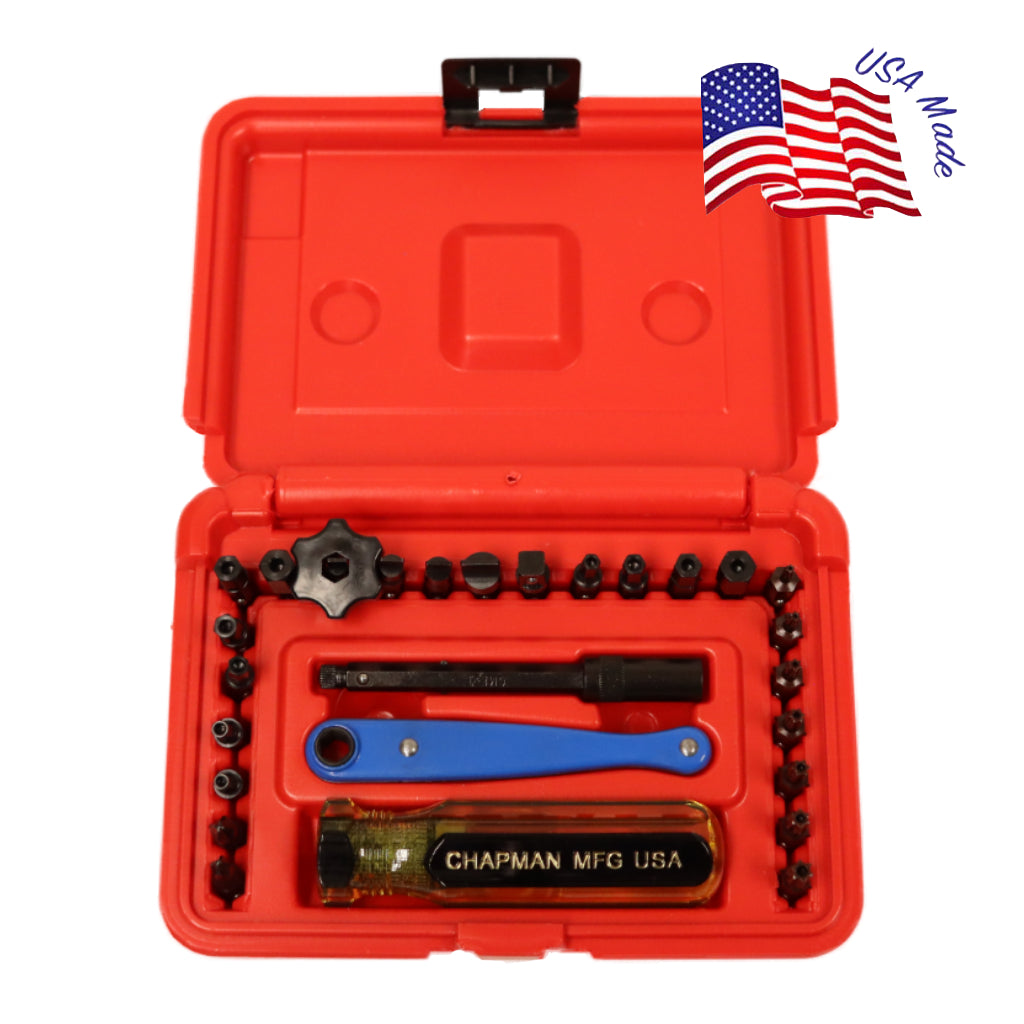 7820 Hex and Pin-In Security Set - 24 bit set with Phillips, Security Pin-In SAE Hex, Slotted, Socket Adapter & Security Torx/Anti-Theft Bit Set + Red Case | Chapman MFG