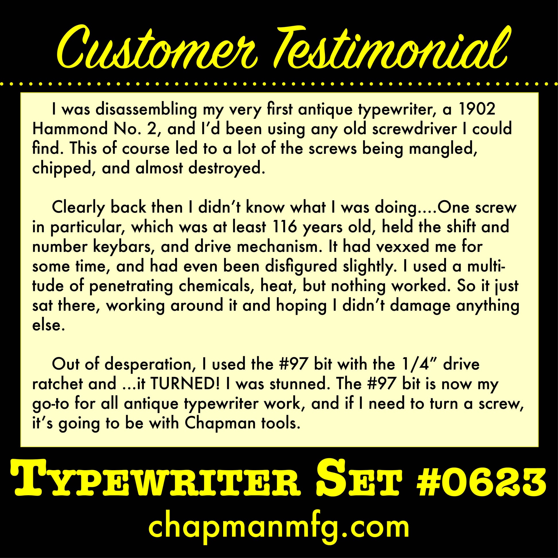 0623 Typewriter Set - Customer Testimonial | Chapman MFG