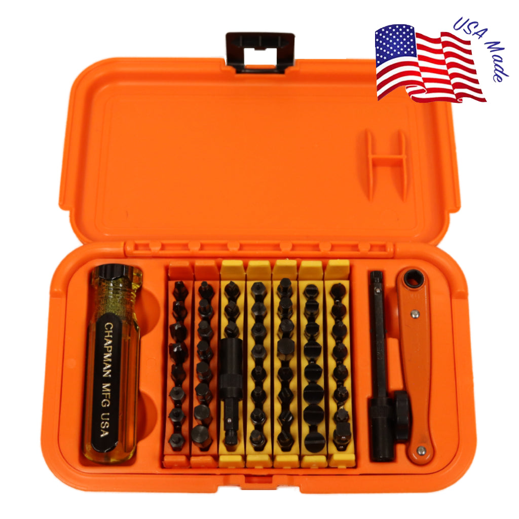 5575 Master Screwdriver Set comes with Slotted, Phillips, Metric and SAE Hex Bits, and Star bits which fit Torx screws - Orange case | Chapman MFG