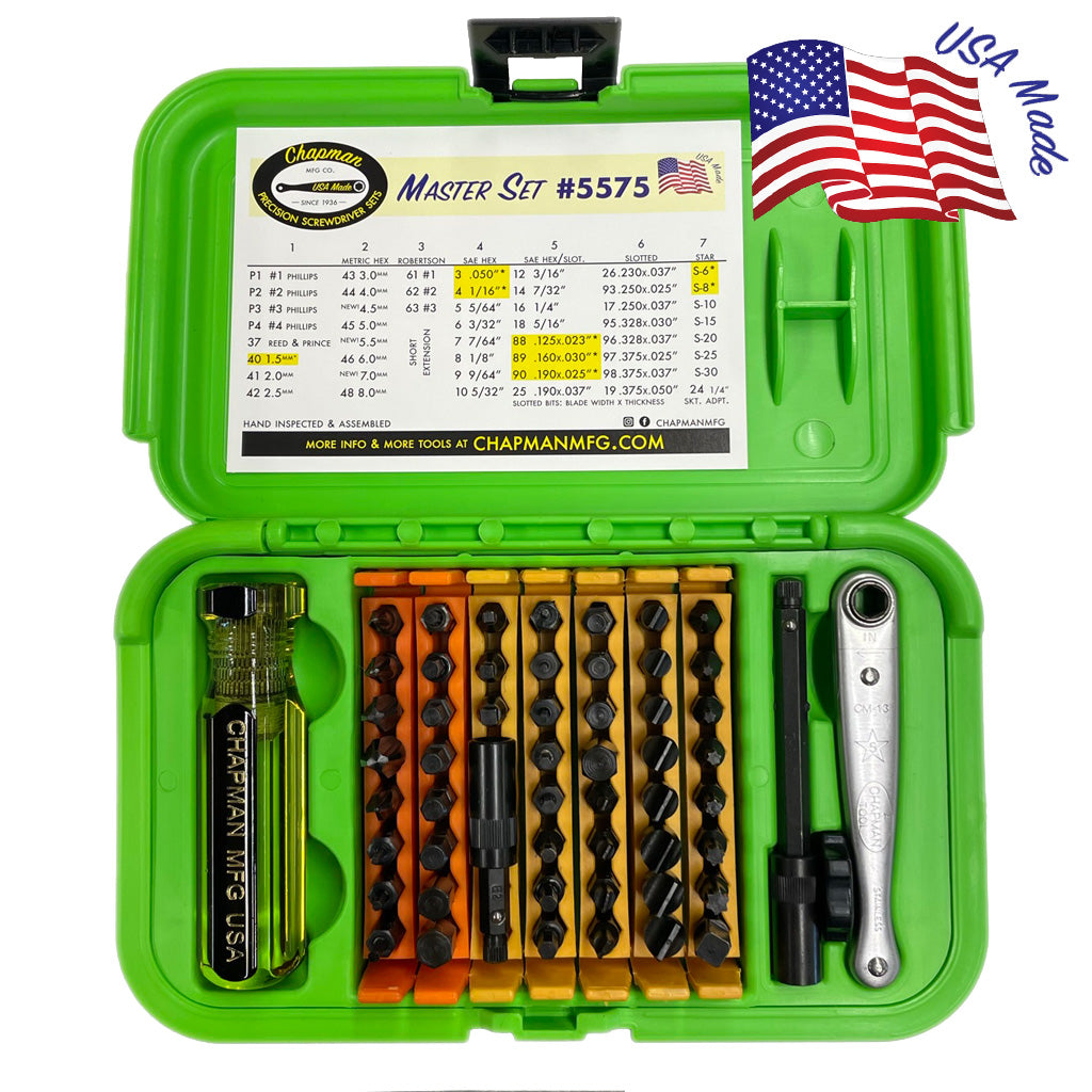 #5575 Master Screwdriver Set comes with Slotted, Phillips, Metric and SAE Hex Bits, and Star bits which fit Torx screws + Red, White, & Blue - Neon Green case | Chapman MFG