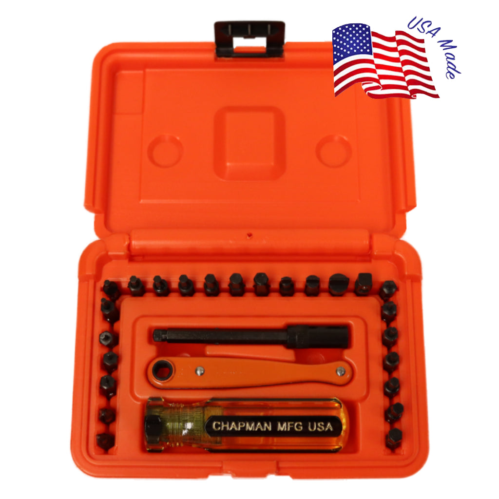 7331 SAE + Metric Allen Hex Screwdriver Set - 24 bit set with Phillips, Slotted, SAE and Metric MM Hex Bits.- Orange case | Chapman MFG