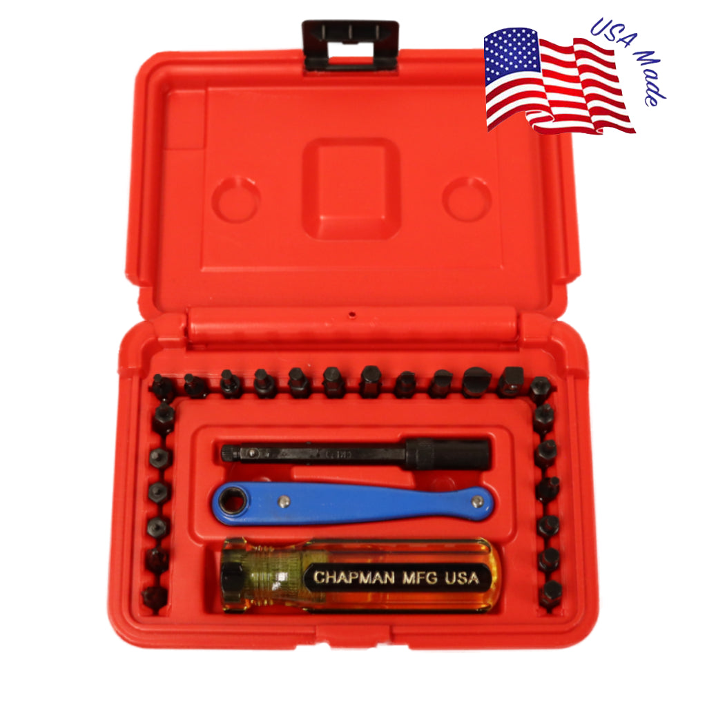 7331 SAE + Metric Allen Hex Screwdriver Set - 24 bit set with Phillips, Slotted, SAE and Metric MM Hex Bits.- Red case | Chapman MFG