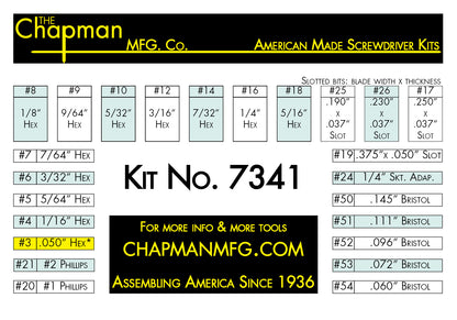 Chapman Kit No. 7341 - Bit Parts list - 24 bit set with Phillips, Slotted, SAE Hex Bits and 5 Bristol / 6 Spline bits.  | Chapman MFG