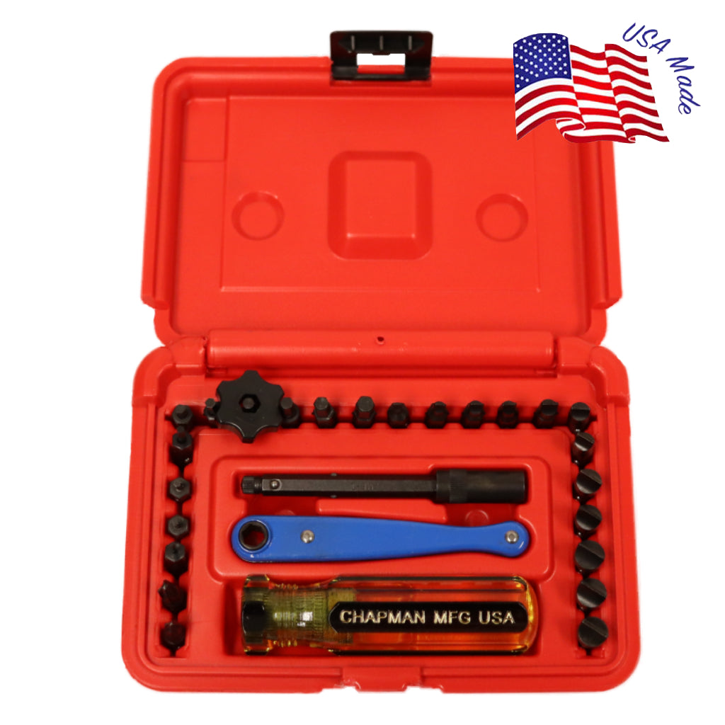 8900 Gunsmithing Set + 12 Slotted Screwdriver Set - 24 bit set with Phillips, Slotted, SAE Hex and 12 slotted bits + Red Case | Chapman MFG