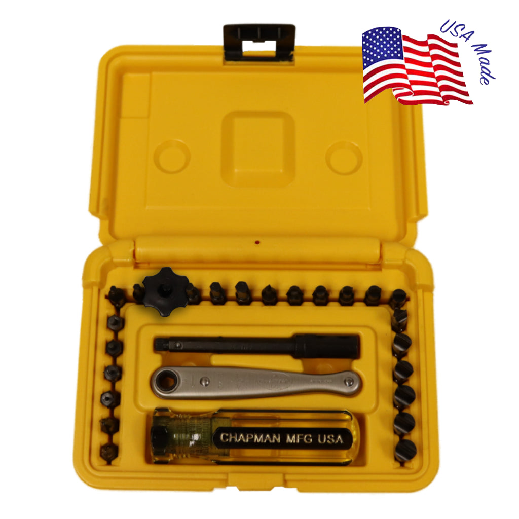 8900 Gunsmithing Set + 12 Slotted Screwdriver Set - 24 bit set with Phillips, Slotted, SAE Hex and 12 slotted bits + Safety Yellow Case | Chapman MFG