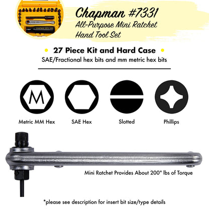 7331 SAE + Metric Allen Hex Screwdriver Set - 24 bit set with Phillips, Slotted, SAE and Metric MM Hex Bits. - Safety Yellow Case | Chapman MFG 