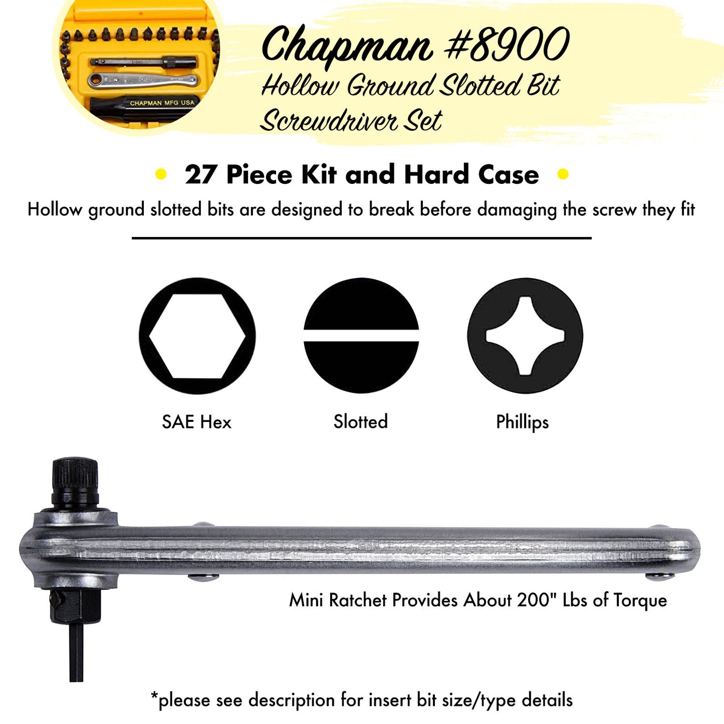 8900 Standard + 12 Slotted Screwdriver Set - 24 bit set with Phillips, Slotted, SAE Hex and 12 slotted bits  | Chapman MFG