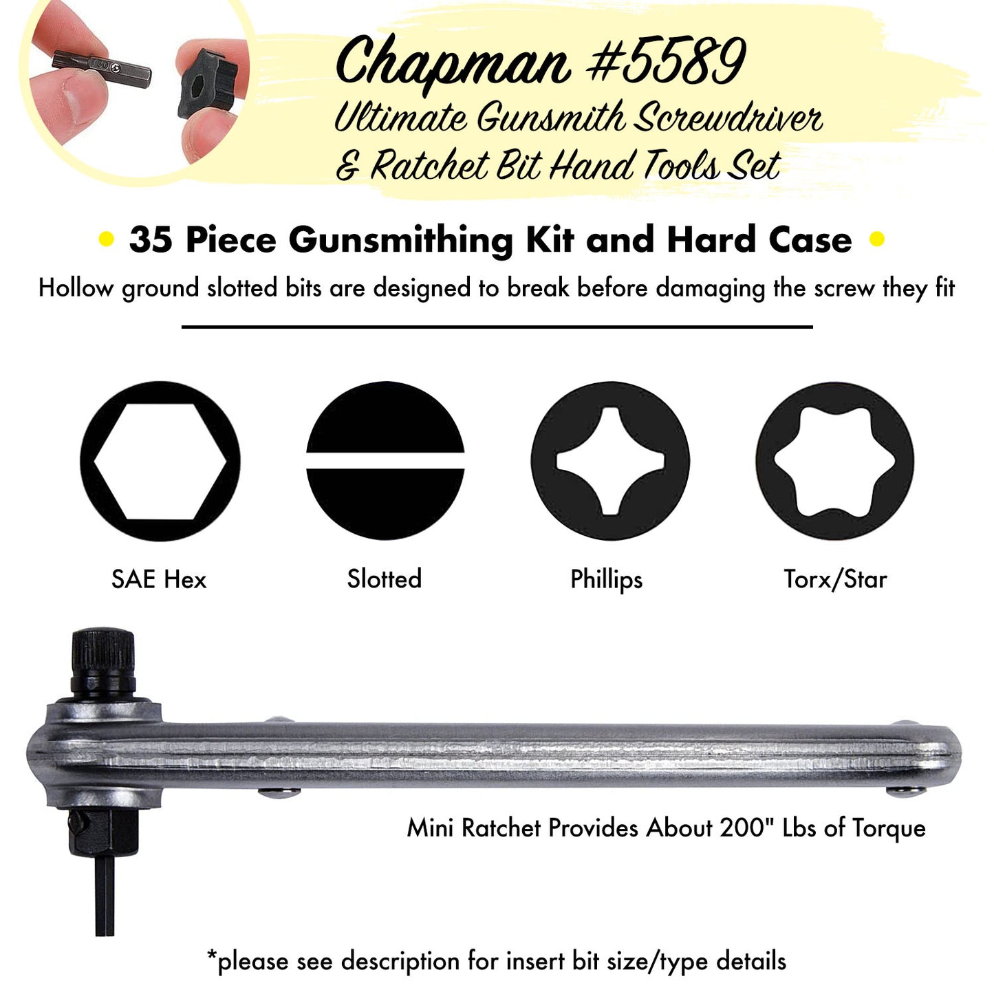5589 Ultimate Gunsmith Slotted + Star/Torx Screwdriver Set - Now with the #1911 Grip Screw Bit & Star bits that fit Torx screws -Spinner Top included in set is great for tight spaces or starting screws  | Chapman MFG