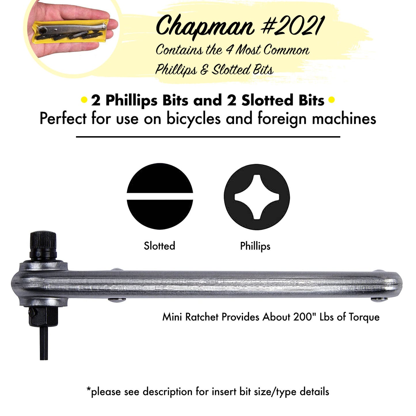 2021 Pocket Screwdriver Set has 2 Phillips Bits and 2 Slotted bits and a Chapman midget ratchet CM-13 in a compact case perfect for carrying in your shirt or pants pocket.| Chapman MFG  Edit alt text