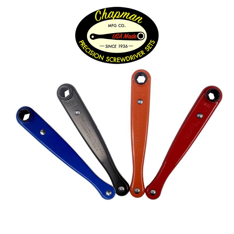 CM-13 Famous Midget 1/4" Drive Ratchet - 4 Pack-1 Of Each Color: Black, Blue, Red, Orange -New! 4 Pack is great for lean manufacturing or 4 commonly used insert bits. | Chapman MFG