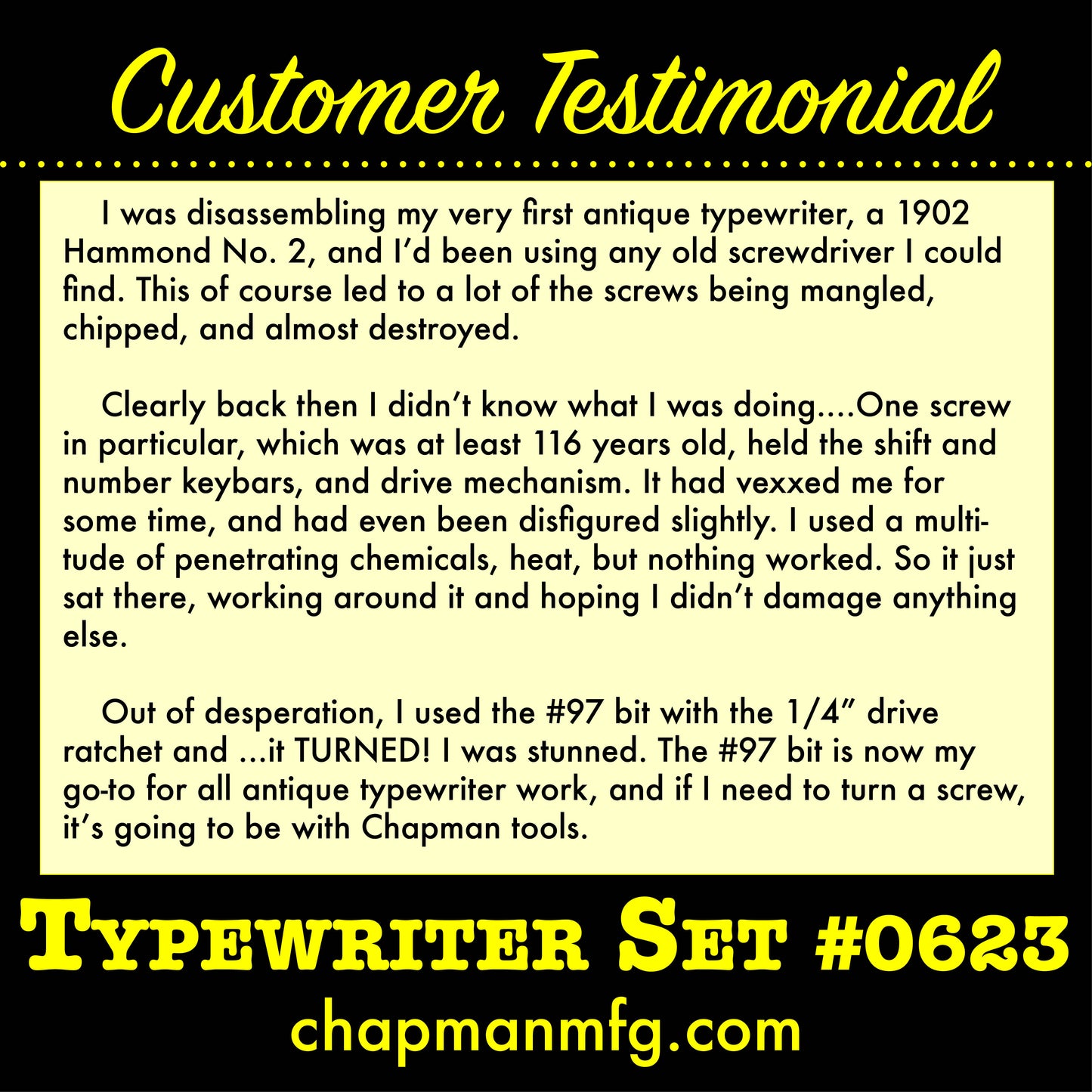 0623 Typewriter Set - Customer Testimonial | Chapman MFG